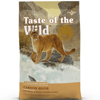 Torba karmy dla kotów "Taste of the Wild" z pumą górską, oznaczona "Canyon River Feline Recipe" i "Grain-Free."