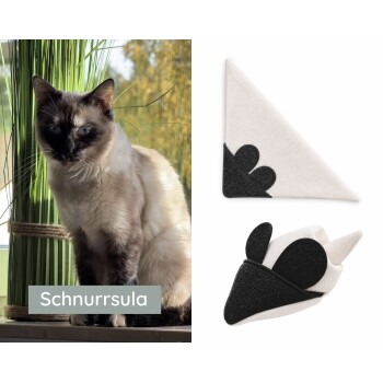 Siamkatze am Fenster mit grüner Pflanze, Aufschrift ‚Schnurrsula‘; rechts: zwei Ansichten eines creme‑schwarzen Halstuchs mit Mäuseohren.