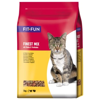 Katzenfutterverpackung mit einer getigerten Katze, beschriftet mit "FIT+FUN FINEST MIX mit Huhn & Truthahn," mit buntem Futter sichtbar.