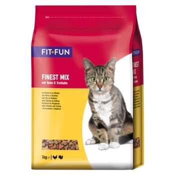 Cat food package featuring a tabby cat, labeled "FIT+FUN FINEST MIX mit Huhn & Truthahn," with colorful kibble visible.