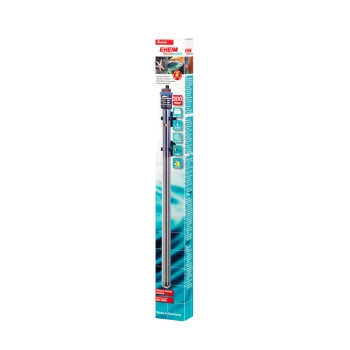 Chauffage d'aquarium EHEIM 300 Watt dans son emballage, présentant des fonctionnalités de contrôle de la température et de sécurité, avec des images de la vie aquatique.