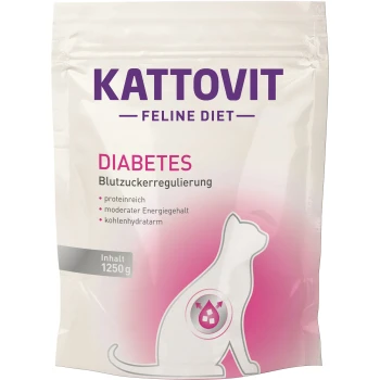 Kattovit Feline Diet Tasche für Diabetes, beschriftet mit "DIABETES Blutzuckerregulierung," hebt proteinreiche, kohlenhydratarme, moderate Energiewerte hervor.