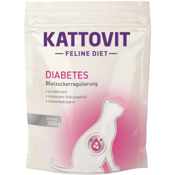 Kattovit Feline Diet Tasche für Diabetes, beschriftet mit "DIABETES Blutzuckerregulierung," hebt proteinreiche, kohlenhydratarme, moderate Energiewerte hervor.