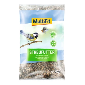 Ein 5 kg Sack MultiFit Wildvogelfutter mit dem Etikett "STREUFUTTER" und Bildern einer Kohlmeise und eines Rotkehlchens auf einem Ast.