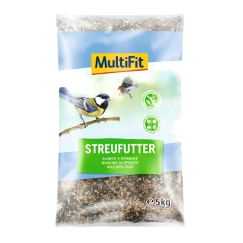 Ein 5 kg Sack MultiFit Wildvogelfutter mit dem Etikett "STREUFUTTER" und Bildern einer Kohlmeise und eines Rotkehlchens auf einem Ast.