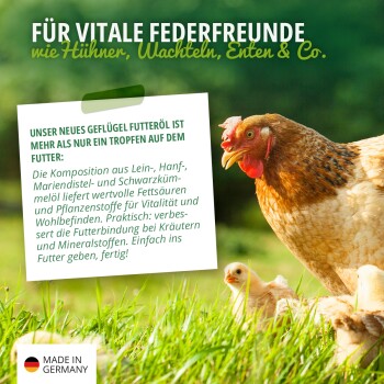 Braunes Huhn steht auf Gras mit deutschem Text über Futterzusätze, Premiumöle und Nährstoffe für glückliches Geflügel.