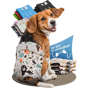 Bunte, hundemusterte Hundewindeln im 3er-Pack, mit verschiedenen Cartoon-Hunden und einem Etikett, das '3x JUSTIER BAR' liest.
