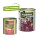 Dosenfutter für Haustiere von Real Nature mit "Wilderness Pure Horse" für Junghunde, das 95 % Fleischanteil und eine verbesserte Formel hervorhebt.