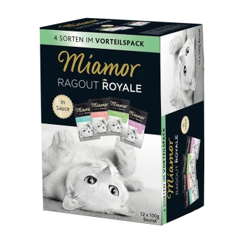 Miamor Ragout Royale Katzenfutter-Variationenpackung mit 4 Geschmacksrichtungen in Sauce, mit einer verspielten Katze auf der Verpackung.