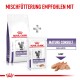 Royal Canin Mature Consult Katzenfutterverpackung mit einer Tüte Trockenfutter und einem Beutel Nassfutter, beschriftet mit 'Balance' und 'Laib.'
