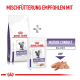 Royal Canin Mature Consult Katzenfutterverpackung mit einer Tüte Trockenfutter und einem Beutel Nassfutter, beschriftet mit 'Balance' und 'Laib.'