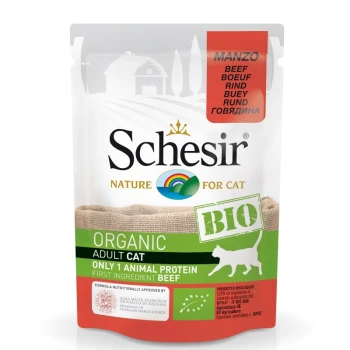 BIO 16 x 85 g Bœuf Emballage de nourriture pour chats adultes Schesir Organic, avec du bœuf comme premier ingrédient, avec une étiquette verte "BIO" et un texte multilingue.