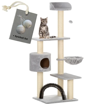 Ein grauer Kratzbaum für Katzen mit mehreren Ebenen, der eine gemütliche Hängematte, einen Kratzbaum und eine Höhle bietet. Ein Etikett weist auf ein zusätzliches Spielzeugball-Set hin.