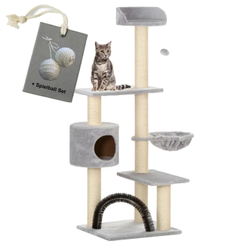 Ein grauer Kratzbaum für Katzen mit mehreren Ebenen, der eine gemütliche Hängematte, einen Kratzbaum und eine Höhle bietet. Ein Etikett weist auf ein zusätzliches Spielzeugball-Set hin.