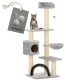 Ein grauer Kratzbaum für Katzen mit mehreren Ebenen, der eine gemütliche Hängematte, einen Kratzbaum und eine Höhle bietet. Ein Etikett weist auf ein zusätzliches Spielzeugball-Set hin.