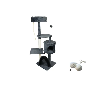 Grauer Katzenbaum mit mehreren Ebenen, einem gemütlichen Versteck, einem Kratzbaum und hängenden Spielzeugen, ideal für Katzen zum Spielen und Ausruhen.