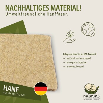 Quadratische beige Matte aus Hanffasern mit deutscher Flagge, Text „Nachhaltiges Material! Umweltfreundliche Hanffaser“ und Vorteilen auf Deutsch.