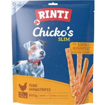RINTI Chicko's Slim Hundesnack-Packung: gezeichneter Hund, Hühnerstreifen, Aufschriften '100% Huhnfilet' und 'Feine Huhnstripes 900g'.