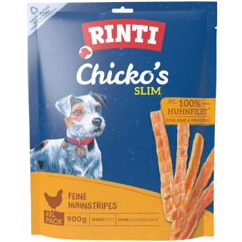 RINTI Chicko's Slim Hundesnack-Packung: gezeichneter Hund, Hühnerstreifen, Aufschriften '100% Huhnfilet' und 'Feine Huhnstripes 900g'.