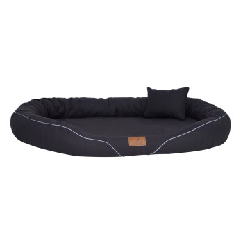 Schwarzes Haustierbett mit gepolstertem Rand und einem kleinen passenden Kissen, mit einem Lederetikett mit einem Logo.