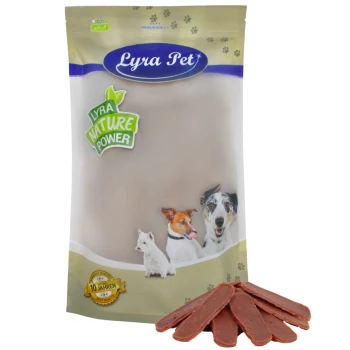 Entenmedaillons 1 kg Lyra Hundeleckerlipackung: hellbraune Tüte mit dem Etikett "Lyra Nature Power" und drei Hunden auf der Vorderseite, mit ausgestellten Leckerlis.