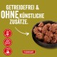 Schüssel mit rohem Fleischfutter und deutschem Text 'GETREIDEFREI & OHNE KÜNSTLICHE ZUSÄTZE.' sowie FLEISCHESLUST-Logo.