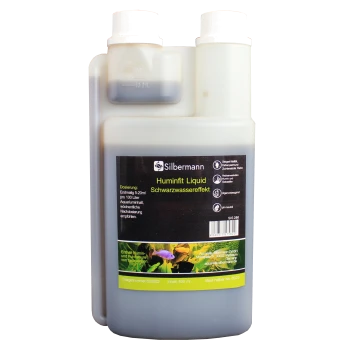 Flasche Silbermann Huminfilt Flüssigkeit, 500 ml, mit einem schwarzen Etikett, das Dosierungsanweisungen für die Aquariennutzung und Vorteile beschreibt.