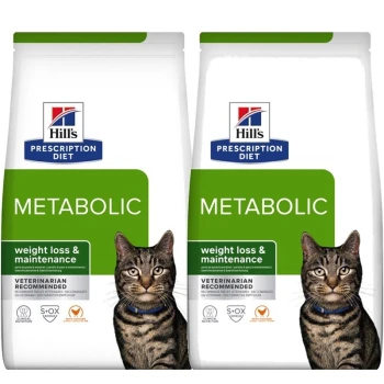 Hill's Prescription Diet Metabolic kattenvoerzakken, met een tabby kat op de voorkant, gelabeld voor gewichtsverlies en onderhoud.