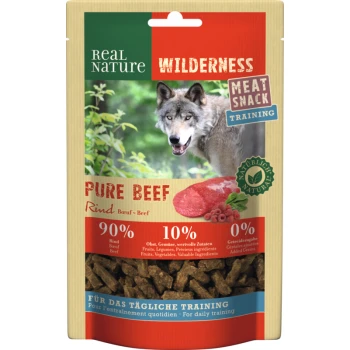 WILDERNESS Meat Snack Training 150g Pure Beef, Rind mit Himbeeren und Spinat Real Nature Wilderness Pure Beef Hundesnack-Packung, mit einem Wolf und dem Text: 90% Rind, 10% Früchte/Gemüse, 0% Getreide.