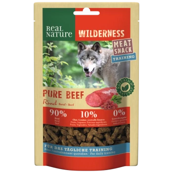 Real Nature Wilderness Pure Beef dog snack package, featuring a wolf and text: 90% beef, 10% fruits/vegetables, 0% grains.