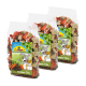 Drei transparente Beutel von JR FARM Knusper-Tüte Haustiersnacks, mit bunten Leckerli-Stücken und einem Cartoon-Kaninchen und Hamster auf dem Etikett.
