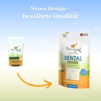 Zwei Haustierprodukte: ein weißes Glas mit der Aufschrift "Ich liebe meine Katze" und ein "DENTAL PULVER"-Beutel mit einer Katzengrafik und "Neues Design - bewährte Qualität."