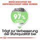 Bild zur Bewerbung eines Hundefutterprodukts, das "bis zu 97% optimale Stuhlqualität" hervorhebt und angibt, dass es "die Stuhlqualität verbessert."