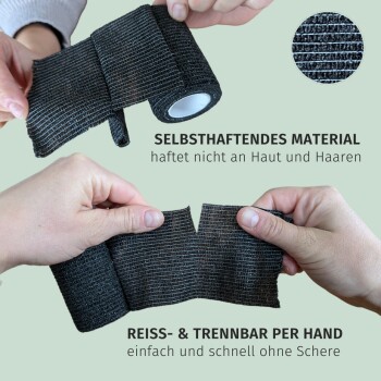 Schwarzes selbstklebendes Verbandmaterial wird demonstriert, mit Text, der seine haftfreien Eigenschaften und die einfache Abreißfunktion hervorhebt.