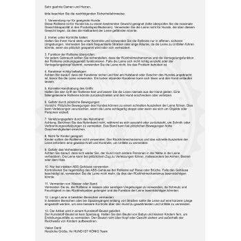 Sicherheitsanweisungen für eine Hundeleine, einschließlich Verwendungshinweise, Warnungen vor plötzlichen Bewegungen und Kindergefahr.