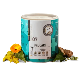 Dose Favly Petfood Functional 07 Urocare mit natürlichen Zutaten und Kräutern, umgeben von Blumen und Samen.