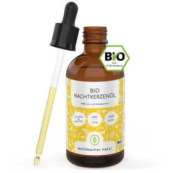 Flasche mit biologischem Nachtkerzenöl für Haustiere, beschriftet 'BIO NACHTKERZENÖL', geeignet für Hunde und Katzen unter 14 kg, mit einer Pipette.
