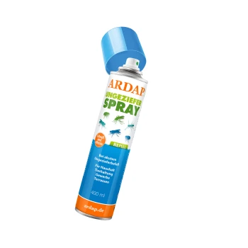 ARDAP Ungeziefer Spray Kanister, 400 ml, mit einem blauen Deckel, mit Illustrationen von Insekten und Text, der seine abweisenden Eigenschaften hervorhebt.