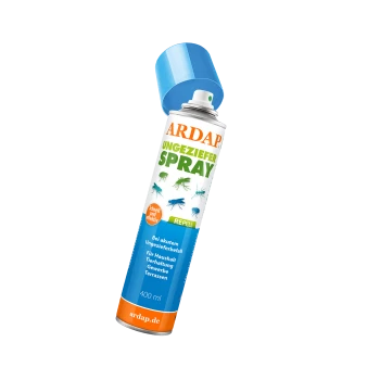 ARDAP Ungeziefer Spray Kanister, 400 ml, mit einem blauen Deckel, mit Illustrationen von Insekten und Text, der seine abweisenden Eigenschaften hervorhebt.