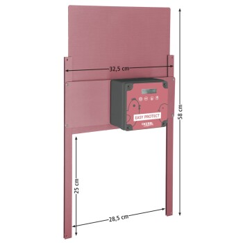 Pinkfarbener Kerbl Easy Protect elektrischer Geflügelzauntor mit beschrifteten Maßen: 58 cm Höhe, 32,5 cm Breite, 25 cm Öffnung.