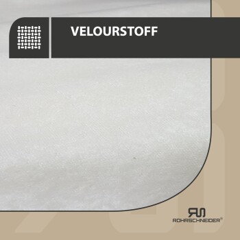 Nahaufnahme eines weichen, weißen Veloursstoffs mit dem Text "VELOURSTOFF", der prominent oben angezeigt wird.