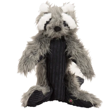 Grau plüschiger Waschbär-Spielzeug mit flauschigem Fell und schwarz gestreiftem Körper, mit weißen Ohren und einer schwarzen Nase.