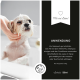 Kleiner weißer Hund wird gebadet, mit deutschen Anweisungen zur Anwendung von Haustiershampoo und Conditioner.
