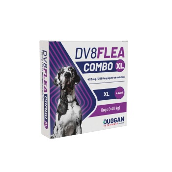 DV8FLEA Combo XL spot-on box for dogs (>40 kg) 4.02 ml, large dog photo, Duggan Veterinary logo.