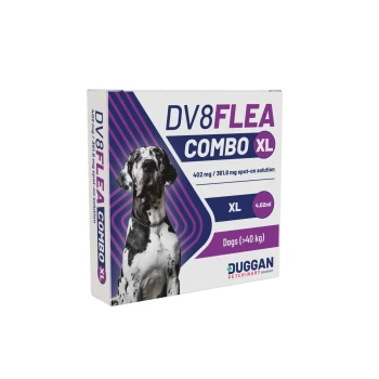 DV8FLEA Combo XL spot-on box for dogs (>40 kg) 4.02 ml, large dog photo, Duggan Veterinary logo.