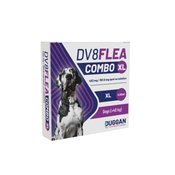 DV8FLEA Combo XL spot-on box for dogs (>40 kg) 4.02 ml, large dog photo, Duggan Veterinary logo.