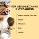 Nahaufnahme des Mauls einer Katze mit Zähnen neben einem Leckerli. Text: "Für gesunde Zähne & Verdauung" mit aufgelisteten Zutaten.