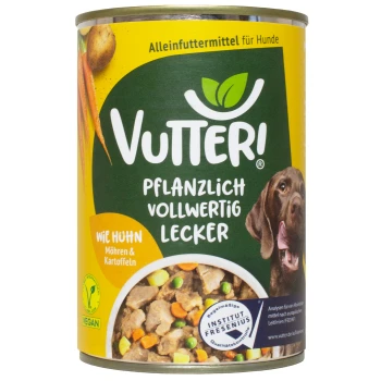 Vutter! vegane Hundefutterdose mit einem braunen Hund auf dem Etikett, mit dem Text "Pflanzlich Vollwertig Lecker" und "wie Huhn, Möhren & Kartoffeln."