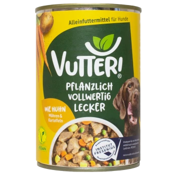Vutter! vegane Hundefutterdose mit einem braunen Hund auf dem Etikett, mit dem Text "Pflanzlich Vollwertig Lecker" und "wie Huhn, Möhren & Kartoffeln."