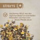 Staubfreies Müsli für Pferde, das essentielle Mineralien und Vitamine liefert, mit einem Häkchen und dem Wort "Effekte" oben.